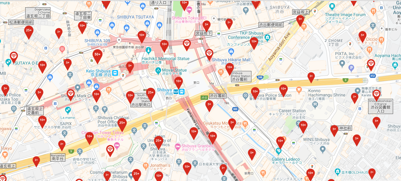 渋谷周辺のBoingo Wi-Fiホットスポットの地図